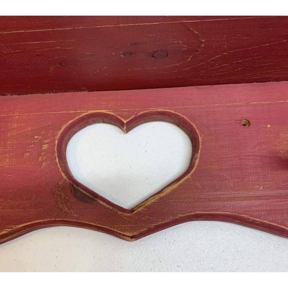 VTG Country Wooden Heart Wall Shelf Pegs Cottage Farmhouse Distressed 36x8x7.5 - Picture 4 of 10